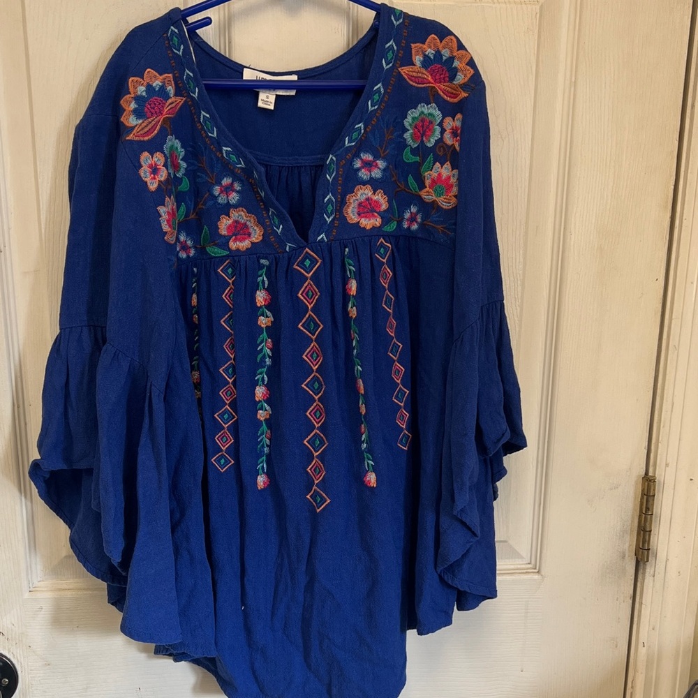 Boho Embroidered Peasant Top - Blue linen cotton blend